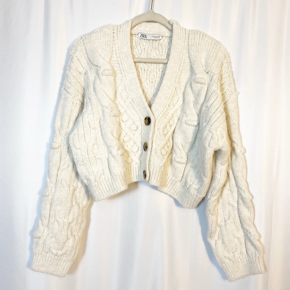 Zara Sweaters - Zara Cable Knit Soft Chunky Cropped Button Front V Neck Cardigan Sweater Ivory